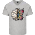 Butterfly Clock Mens V-Neck Cotton T-Shirt Sports Grey