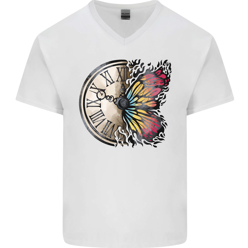 Butterfly Clock Mens V-Neck Cotton T-Shirt White