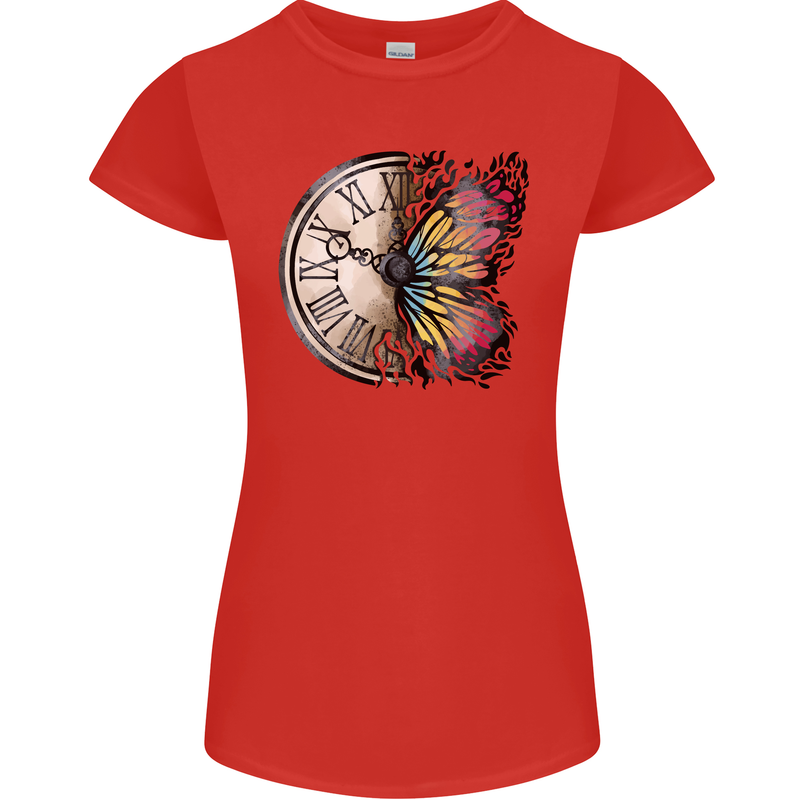 Butterfly Clock Womens Petite Cut T-Shirt Red