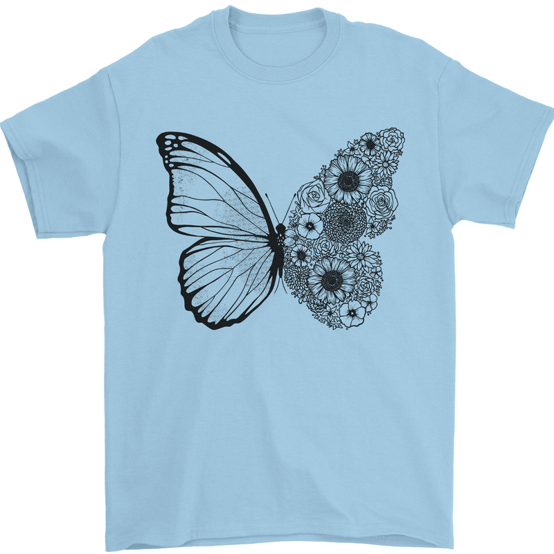 Butterfly Flower Art Mens T-Shirt 100% Cotton Light Blue