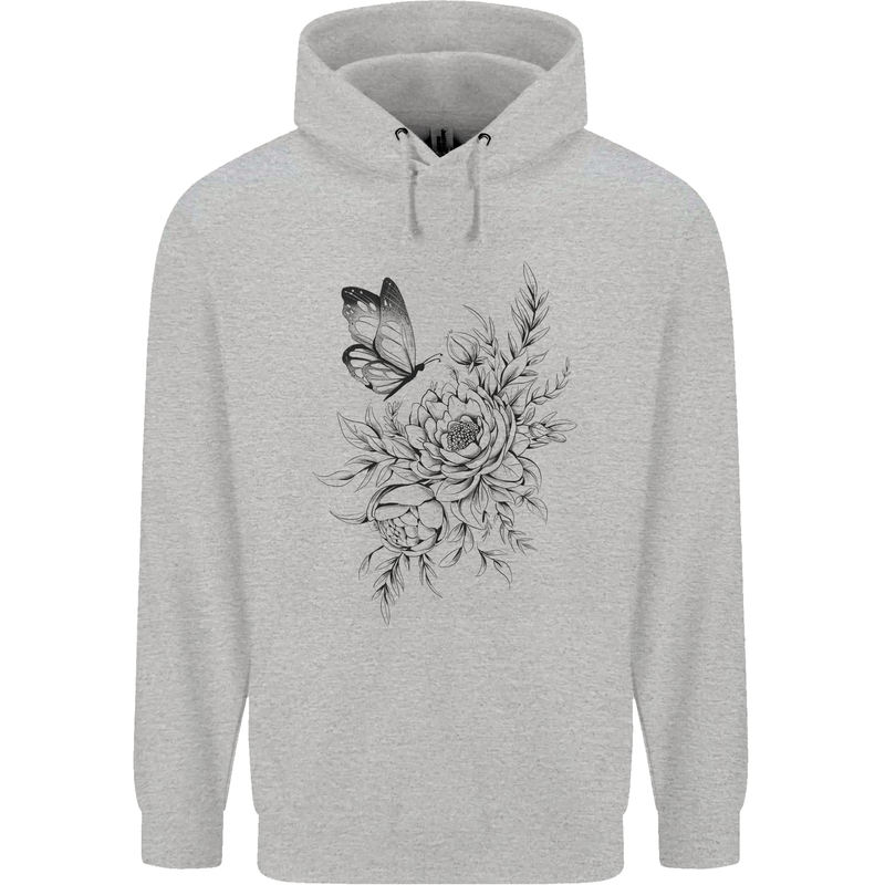 Butterfly & Flowers Childrens Kids Hoodie Sports Grey