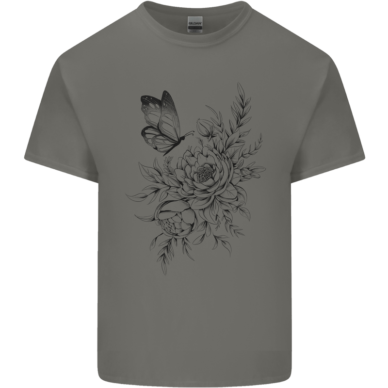 Butterfly & Flowers Kids T-Shirt Childrens Charcoal