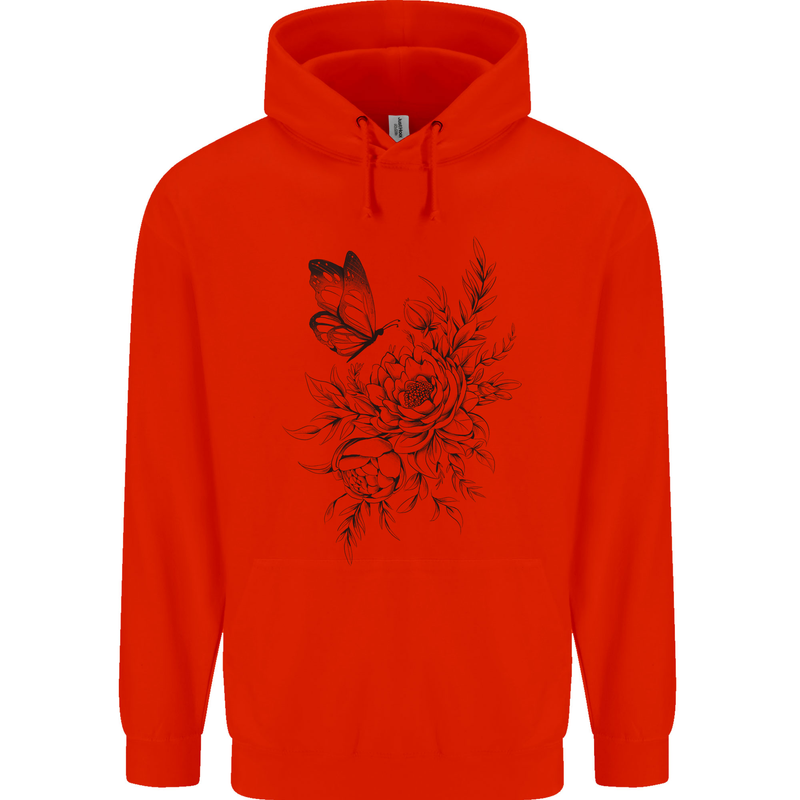 Butterfly & Flowers Mens 80% Cotton Hoodie Bright Red