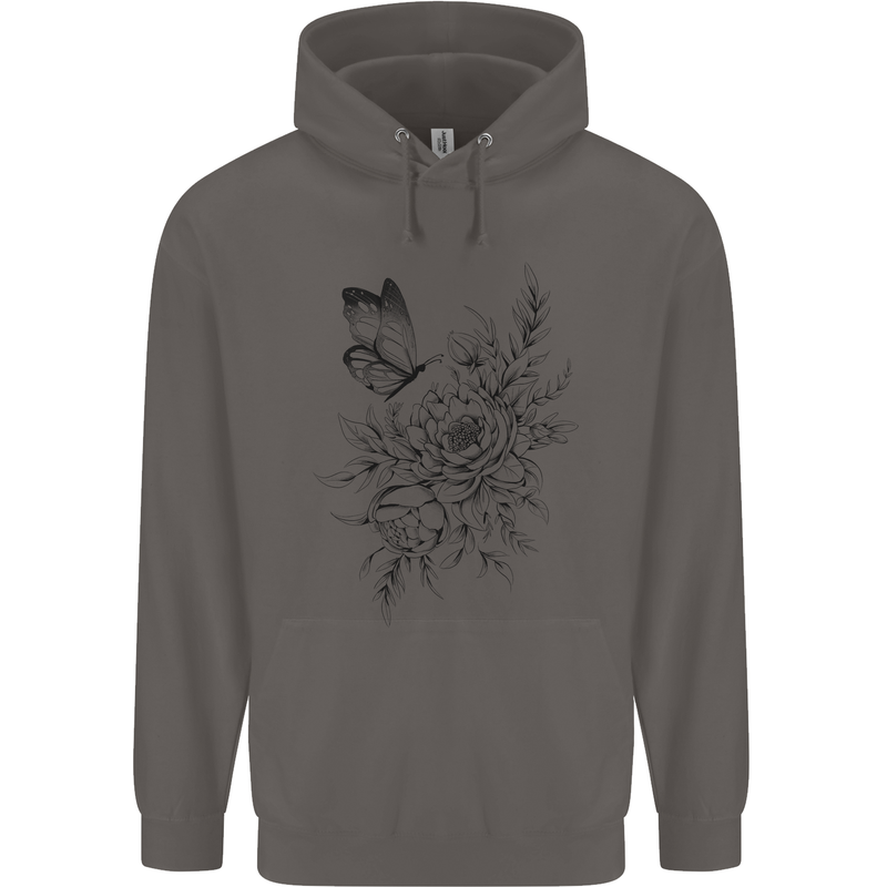 Butterfly & Flowers Mens 80% Cotton Hoodie Charcoal