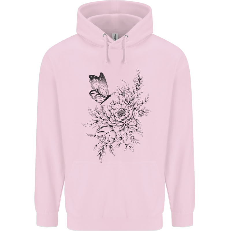 Butterfly & Flowers Mens 80% Cotton Hoodie Light Pink