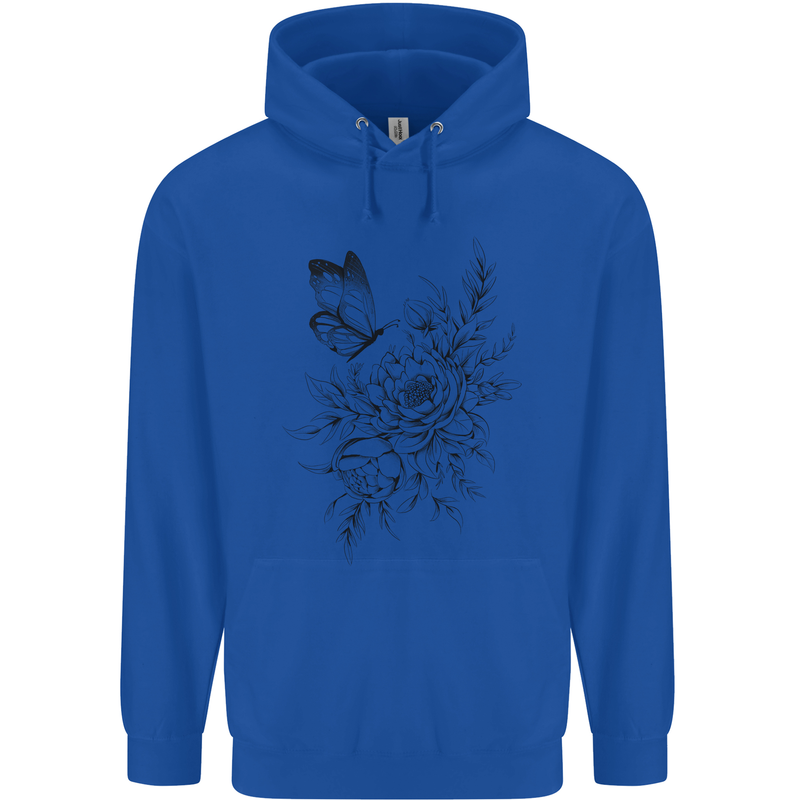 Butterfly & Flowers Mens 80% Cotton Hoodie Royal Blue
