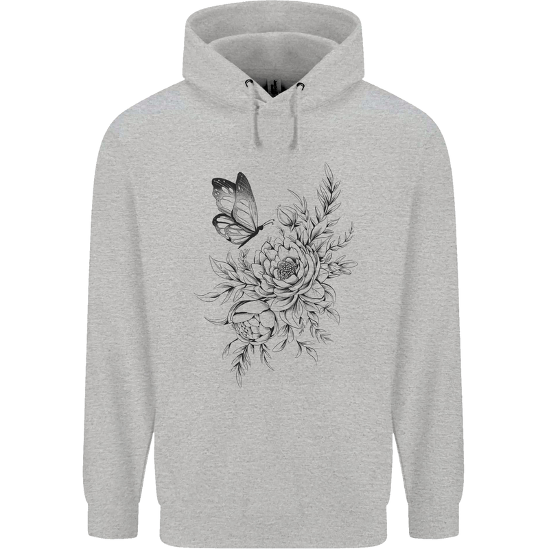 Butterfly & Flowers Mens 80% Cotton Hoodie Sports Grey