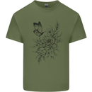 Butterfly & Flowers Mens Cotton T-Shirt Tee Top Military Green