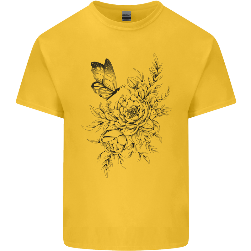 Butterfly & Flowers Mens Cotton T-Shirt Tee Top Yellow