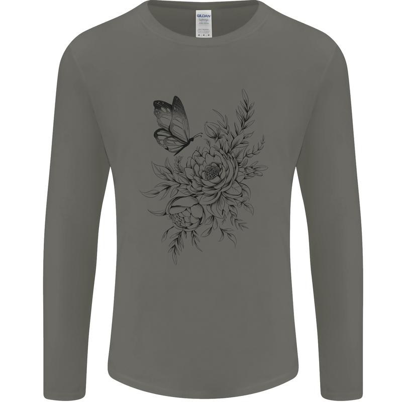 Butterfly & Flowers Mens Long Sleeve T-Shirt Charcoal