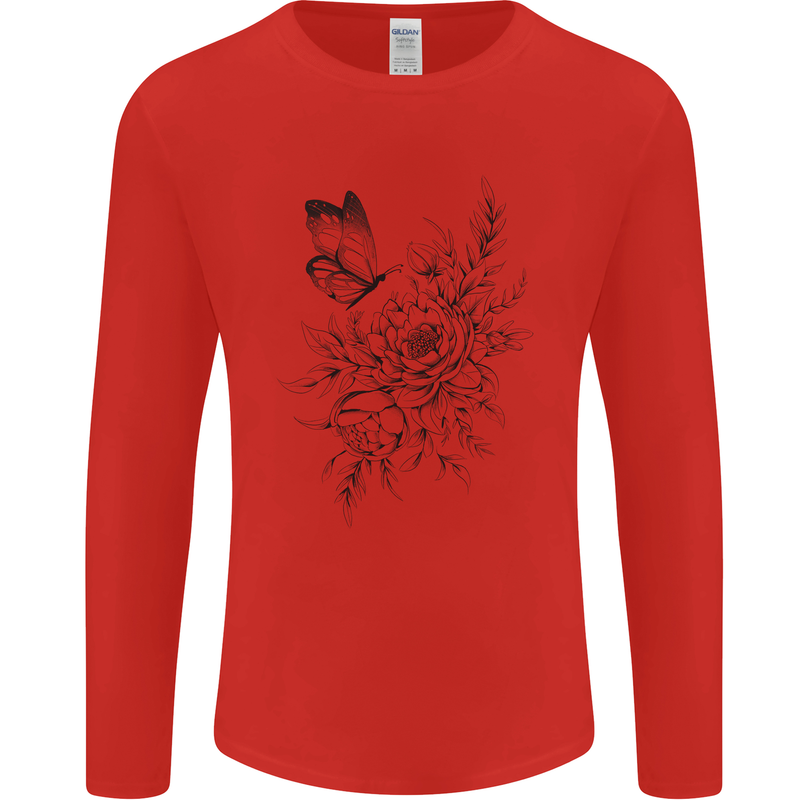 Butterfly & Flowers Mens Long Sleeve T-Shirt Red