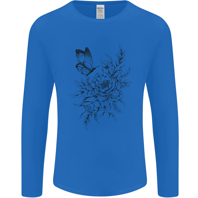 Butterfly & Flowers Mens Long Sleeve T-Shirt Royal Blue