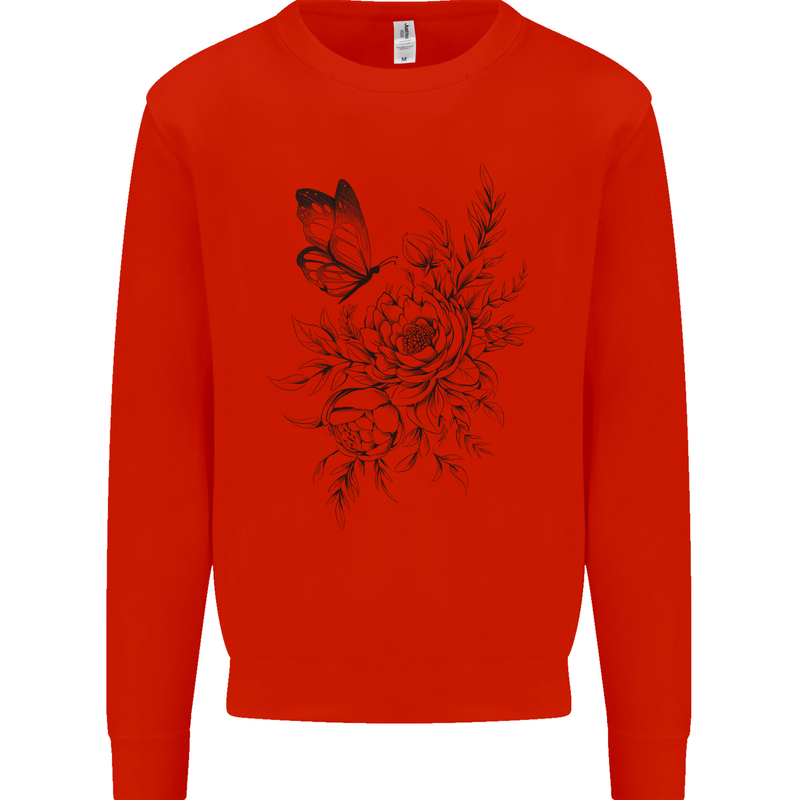 Butterfly & Flowers Mens Sweatshirt Jumper Bright Red