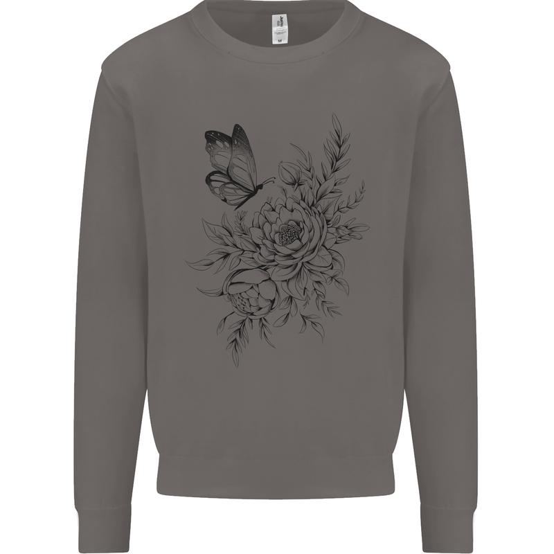 Butterfly & Flowers Mens Sweatshirt Jumper Charcoal