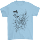 Butterfly & Flowers Mens T-Shirt 100% Cotton Light Blue