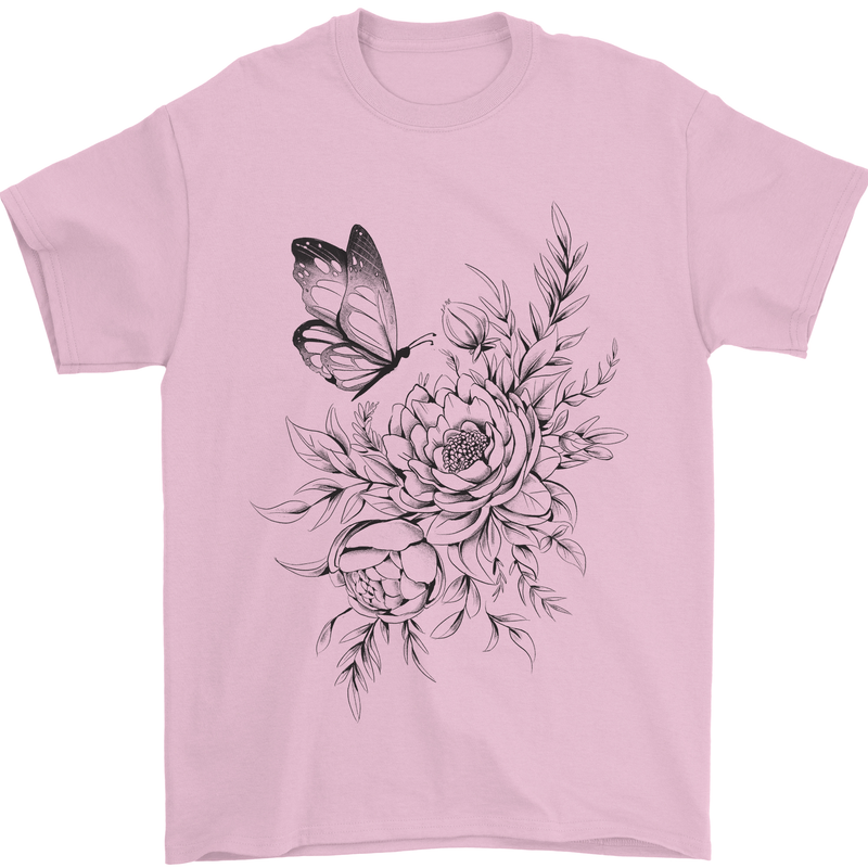 Butterfly & Flowers Mens T-Shirt 100% Cotton Light Pink