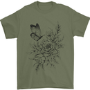 Butterfly & Flowers Mens T-Shirt 100% Cotton Military Green