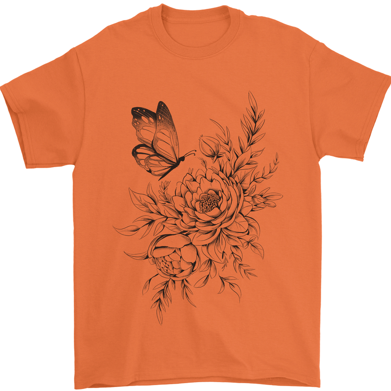 Butterfly & Flowers Mens T-Shirt 100% Cotton Orange
