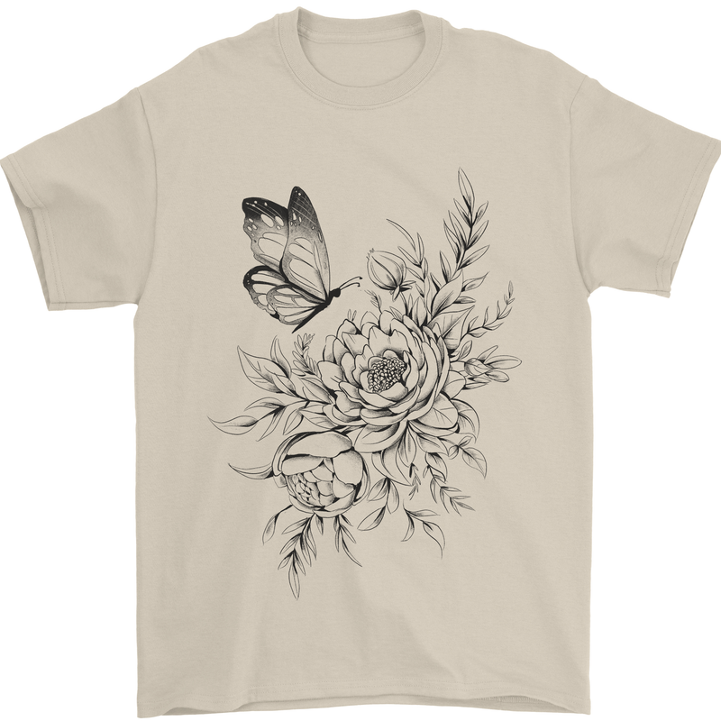 Butterfly & Flowers Mens T-Shirt 100% Cotton Sand