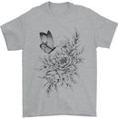 Butterfly & Flowers Mens T-Shirt 100% Cotton Sports Grey