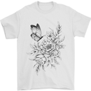 Butterfly & Flowers Mens T-Shirt 100% Cotton White