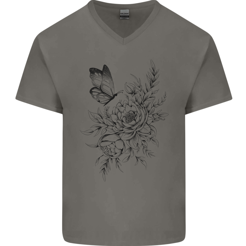 Butterfly & Flowers Mens V-Neck Cotton T-Shirt Charcoal