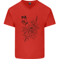 Butterfly & Flowers Mens V-Neck Cotton T-Shirt Red