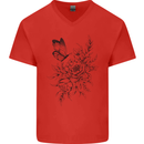 Butterfly & Flowers Mens V-Neck Cotton T-Shirt Red