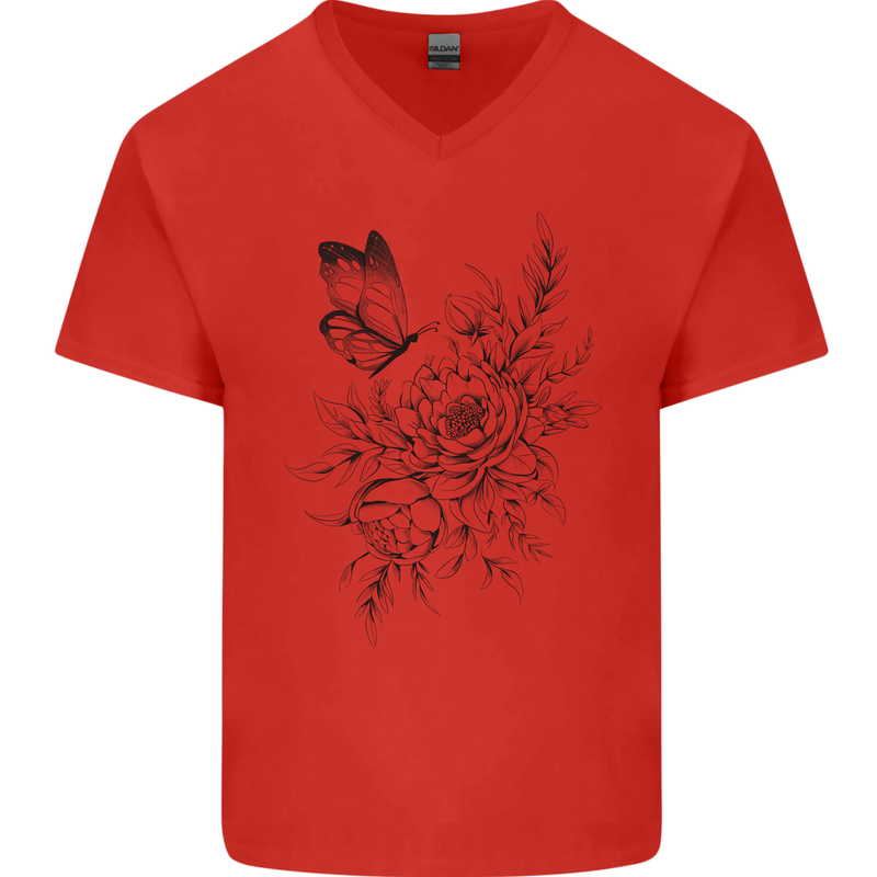 Butterfly & Flowers Mens V-Neck Cotton T-Shirt Red