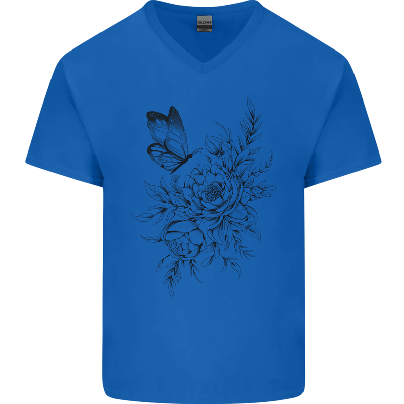 Butterfly & Flowers Mens V-Neck Cotton T-Shirt Royal Blue