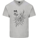 Butterfly & Flowers Mens V-Neck Cotton T-Shirt Sports Grey