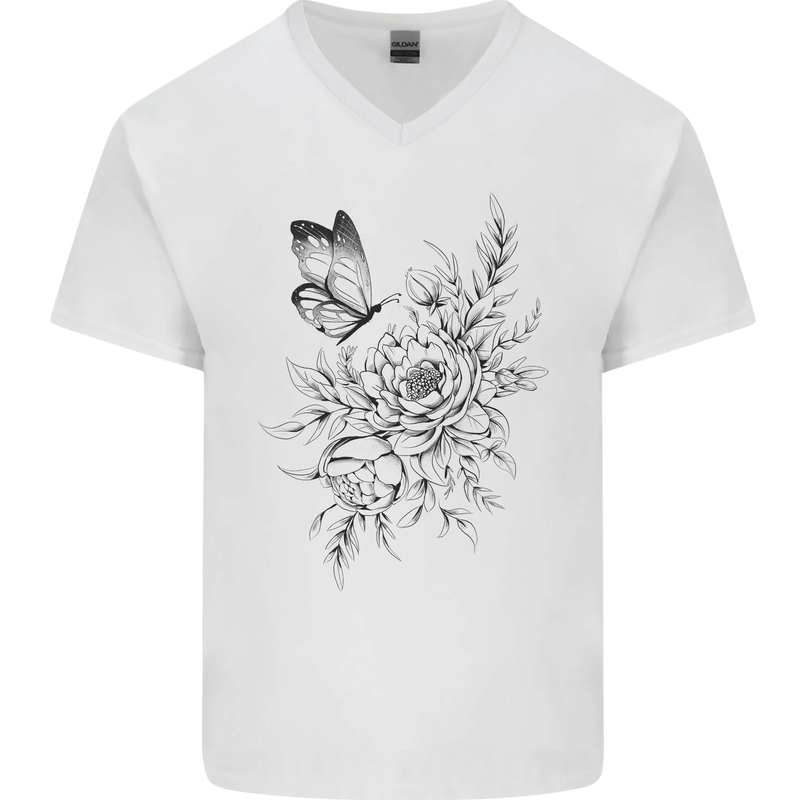 Butterfly & Flowers Mens V-Neck Cotton T-Shirt White