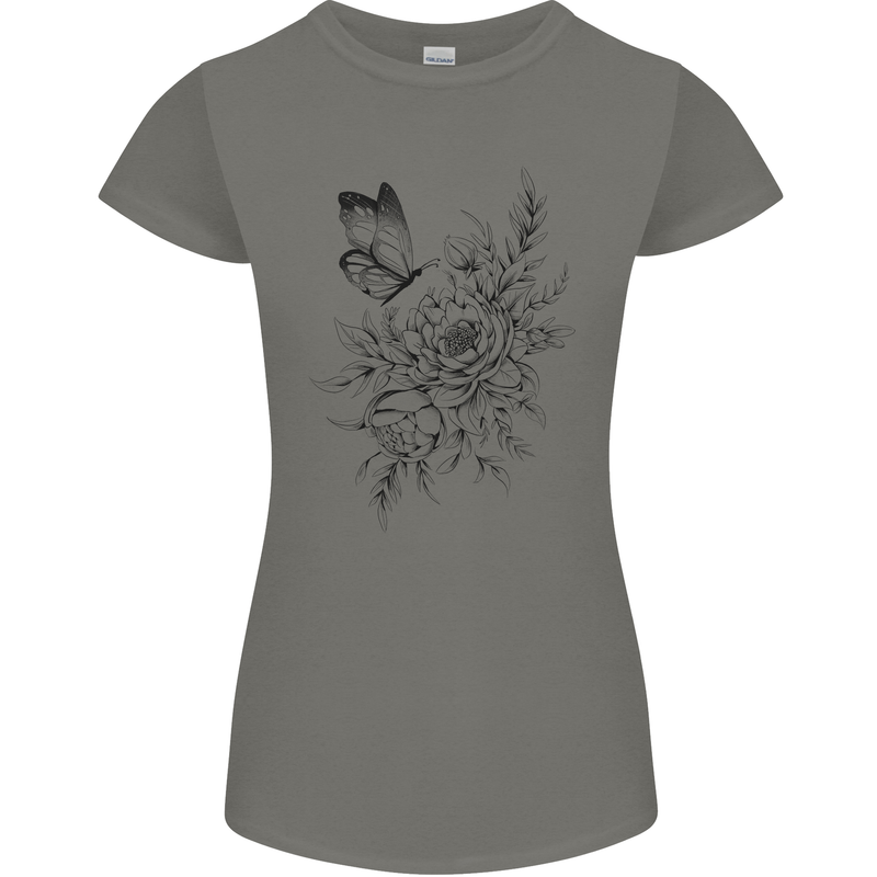 Butterfly & Flowers Womens Petite Cut T-Shirt Charcoal