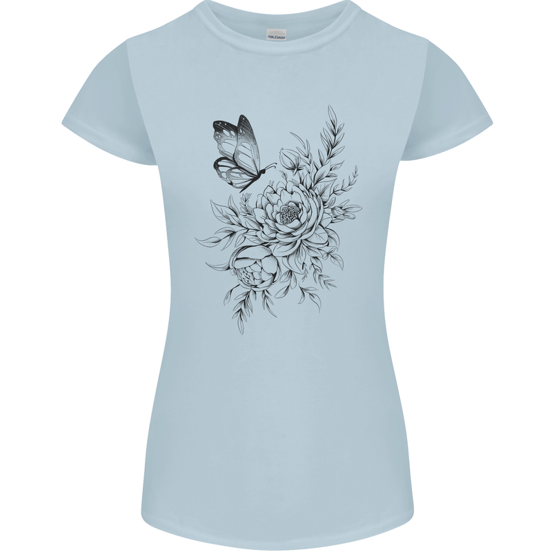 Butterfly & Flowers Womens Petite Cut T-Shirt Light Blue