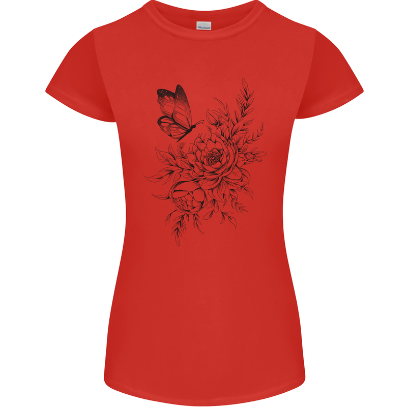 Butterfly & Flowers Womens Petite Cut T-Shirt Red