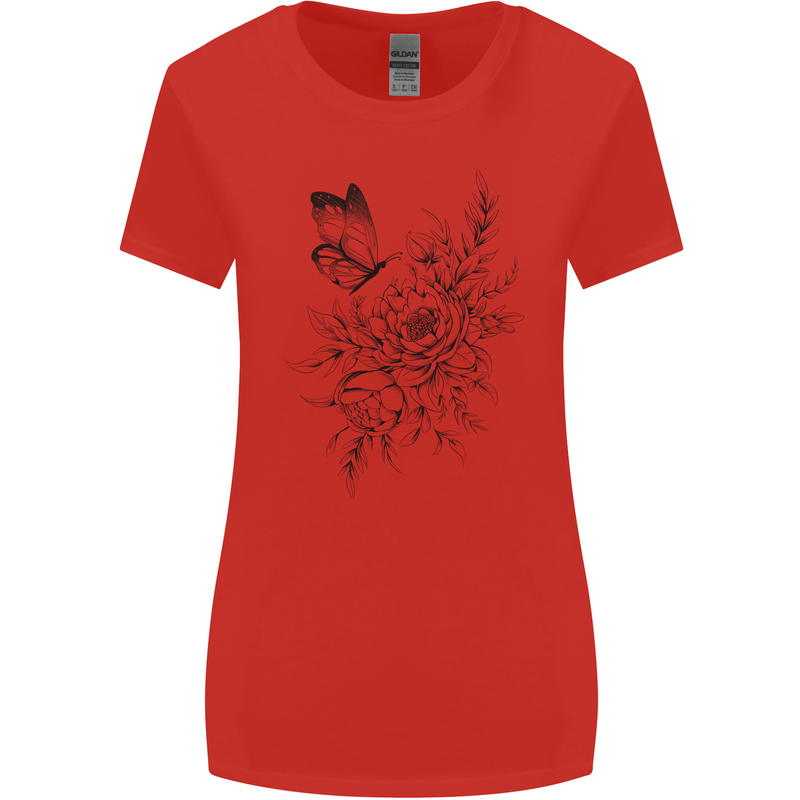 Butterfly & Flowers Womens Wider Cut T-Shirt Red