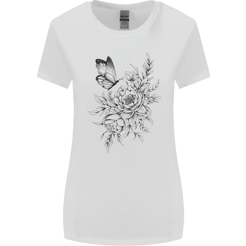 Butterfly & Flowers Womens Wider Cut T-Shirt White