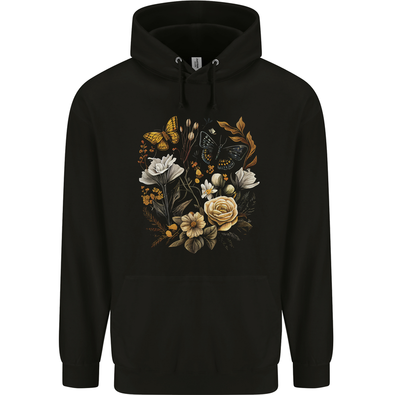 Butterfly and Flowers Nature Mens 80% Cotton Hoodie Black