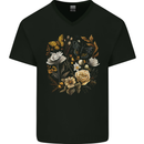 Butterfly and Flowers Nature Mens V-Neck Cotton T-Shirt Black