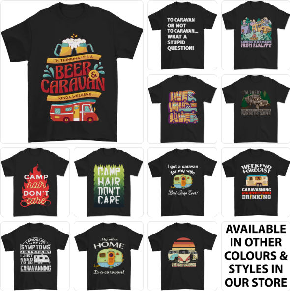 a group of t - shirts with the words beer and caravan on them