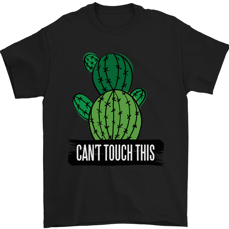 a black t - shirt with a green cactus that says can't touch this