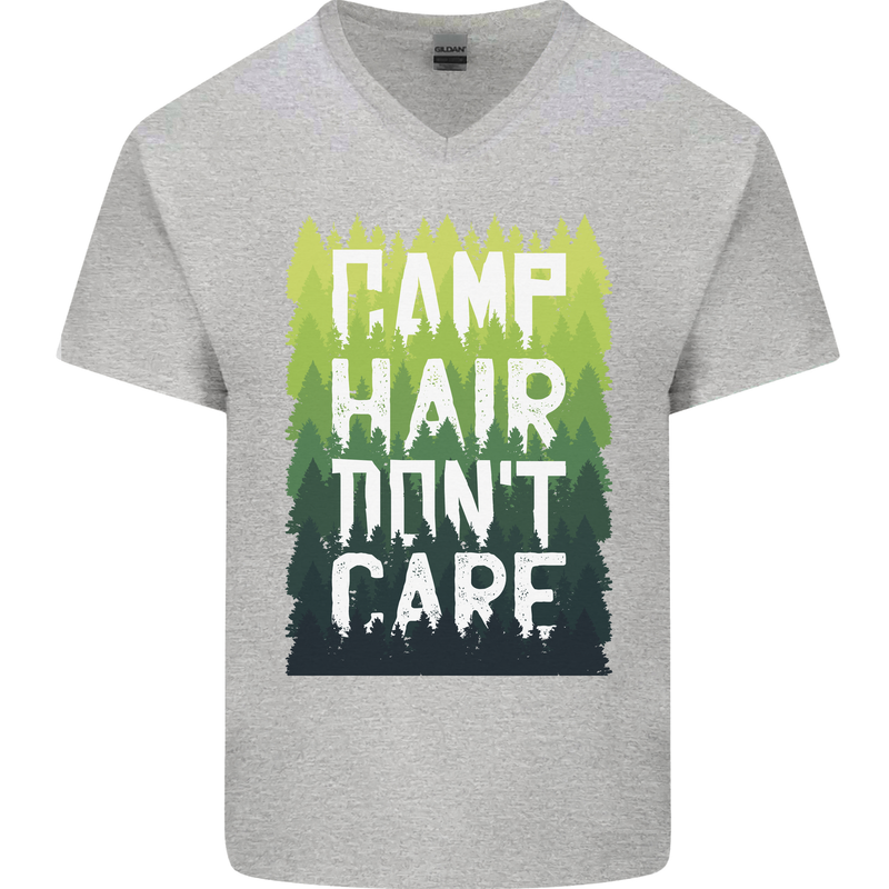 Camp Hair Dont Care Funny Camping Caravan Mens V-Neck Cotton T-Shirt Sports Grey