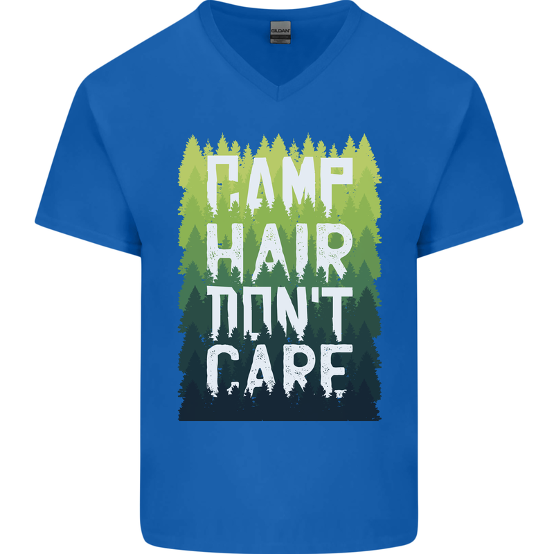 Camp Hair Dont Care Funny Caravan Camping Mens V-Neck Cotton T-Shirt Royal Blue