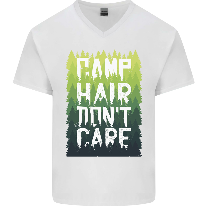 Camp Hair Dont Care Funny Caravan Camping Mens V-Neck Cotton T-Shirt White