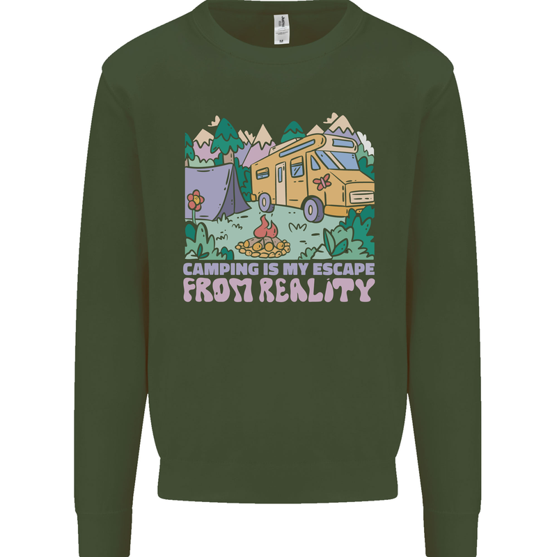 Camping is My Escape From Reality Caravan Kids Sweatshirt Jumper Forest Green