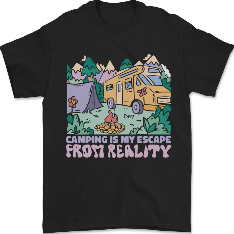 a black shirt that says camping is my escape frost reality