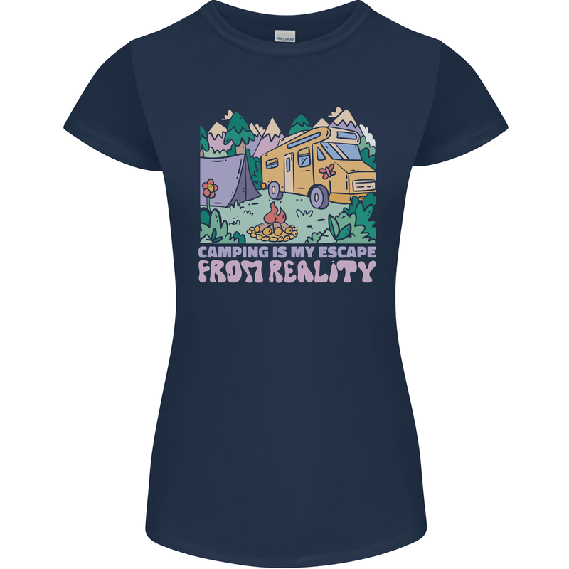 Camping is My Escape From Reality Caravan Womens Petite Cut T-Shirt Navy Blue