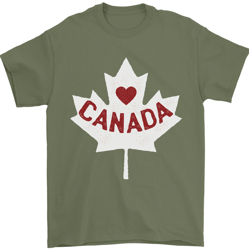 Canada Heart Canadian Flag Mens T-Shirt 100% Cotton Military Green