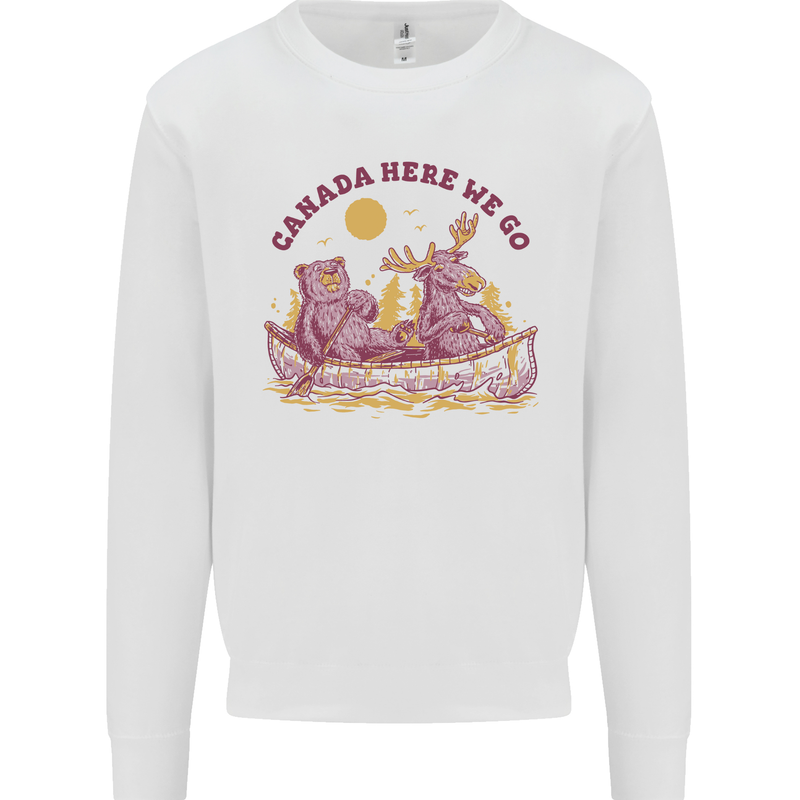 Canada Here We Go Moose and Bear Canadian Mens Sweatshirt Jumper White