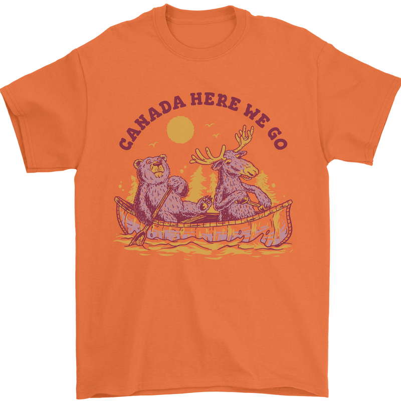 Canada Here We Go Moose and Bear Canadian Mens T-Shirt 100% Cotton Orange